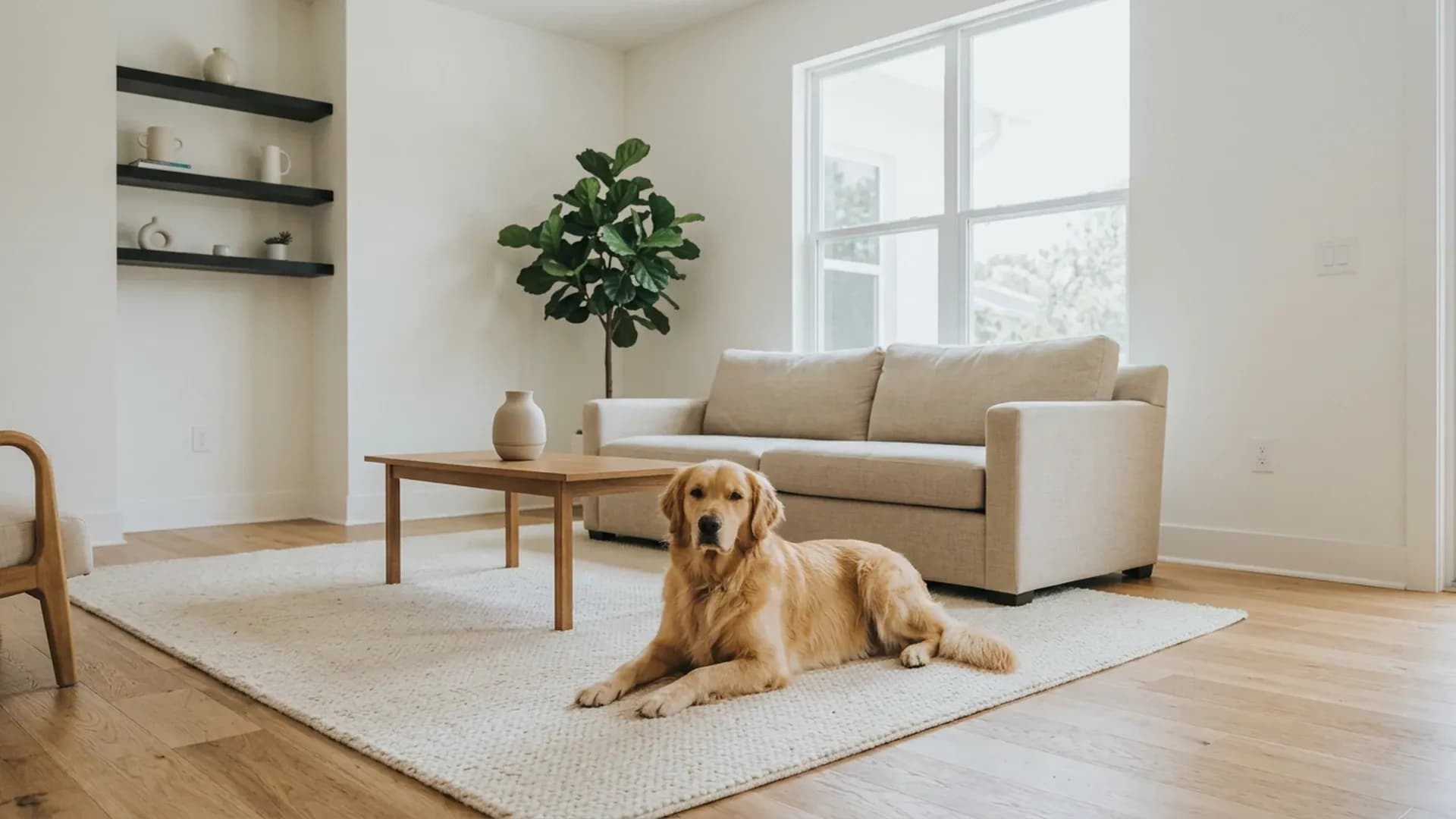 Golden retriever resting on a light rug in a clean, sunlit living room with hardwood floors and a neutral sofa.